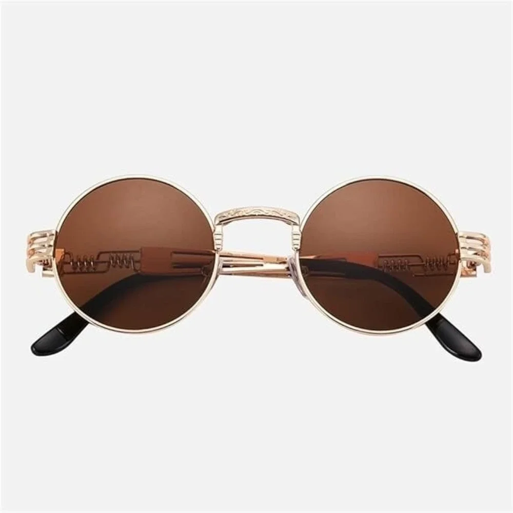 Round Steampunk Sunglasses Gold Frame Brown‎ Lens Designer Style Street Hip Hop